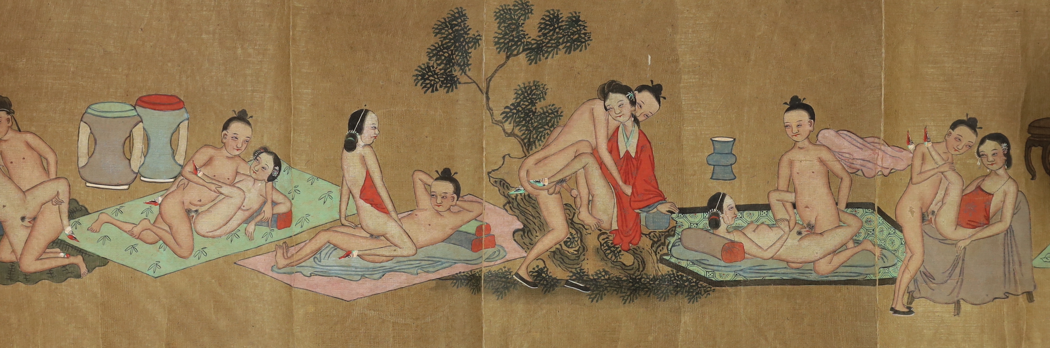 A Chinese erotic hand scroll on silk, early 20th century